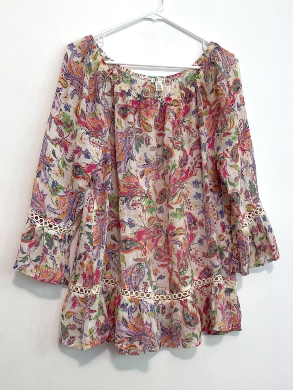 SPENSE White Pink Multi Paisley Off the Shoulder Bell Sleeve Boho Summer Blouse